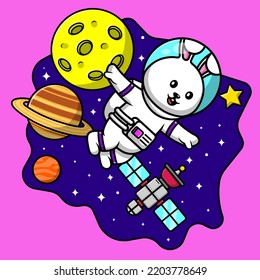Cute Rabbit Floating In Space Cartoon Vector Icon Illustration. Flat Cartoon Concept.