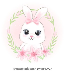 Cute Rabbit and flora frame cartoon animal watercolor illustration