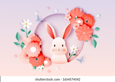 Cute rabbit and floral paper art with pastel color scheme vector illustation