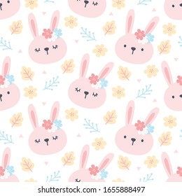 Cute rabbit and floral seamless background repeating pattern, wallpaper background, cute seamless pattern background