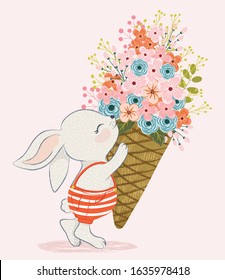 Cute rabbit with flower cornet vector illustration.