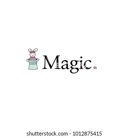 Cute rabbit with a flower crown coming out of the magician hat next to the word magic with stars vector illustration on a white background.