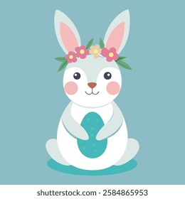 a cute rabbit with a flower crown holding a pastel easter egg