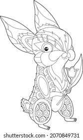 Cute rabbit with flower. Doodle style, black and white background. Funny animal, coloring book pages. Hand drawn illustration in zentangle style for children and adults, tattoo.