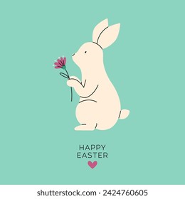 Lindo conejo con flor. Tarjeta de felicitación para Feliz Pascua. Ilustración minimalista de moda. Decoración de sitios web, elementos gráficos. Cubiertas de vacaciones, carteles, banners, tarjeta de felicitación. Vector plano