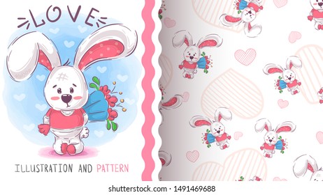 Cute rabbit with flower. Hand draw