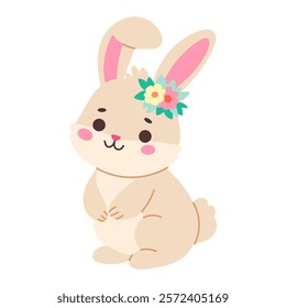 A cute rabbit with a flower on its head. The rabbit is smiling and looking at the camera