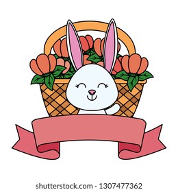 cute rabbit with flowers in basket