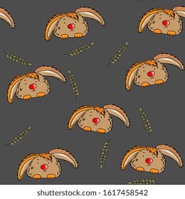Cute rabbit and flowers. Easter seamless pattern. Hand drawing, for children's wallpapers, textiles, packaging.