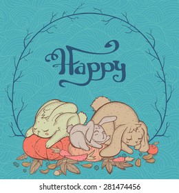 Cute rabbit in flowers frame