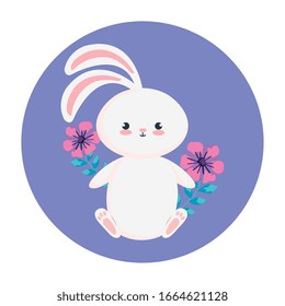 süßes Kaninchen mit Blumen im Rahmen einer kreisförmigen Vektorillustration