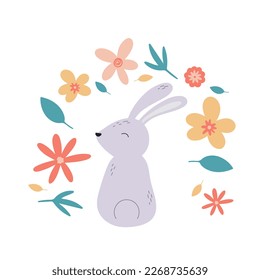 Cute rabbit with flowers and herbs. Baby composition with bunny. Hand drawn hare view from back, clip art. Animal and botanical elements, spring and summer decor. Flat, vector illustration