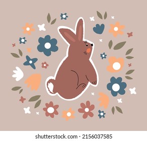 Cute rabbit with flowers and leaves. Scandinavian print illustration for children's clothing, postcards, tableware. Vector color graphics.
