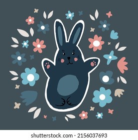 Cute rabbit with flowers and leaves. Scandinavian print illustration for children's clothing, postcards, tableware. Vector color graphics.