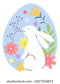 Niedliches Kaninchen mit Blumen auf dem Hintergrund eines Ostereiers. Vektor-Illustration für Ostern.