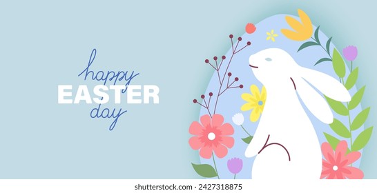 Lindo conejo con flores en el fondo de un huevo de Pascua. Banner vectorial para el Día de Pascua.