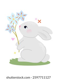 Cute rabbit with flowers on a white background. Vector illustration.