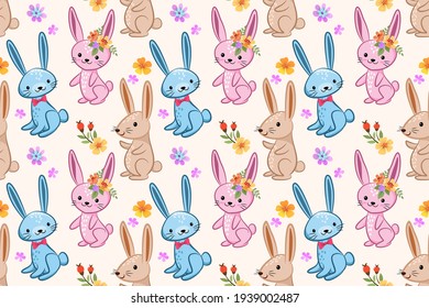 Cute rabbit with flowers seamless pattern. Can be use for fabric textile wallpaper.