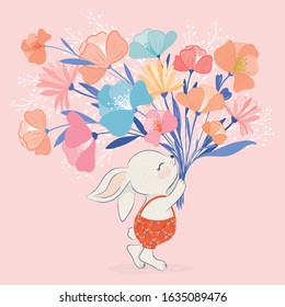 Cute rabbit with flowers vector illustration.