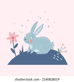 Cute rabbit and flowers vector illustration. Kids poster witn bunny.