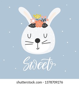 Cute rabbit with flowers and the word - sweet. Great vector art for nursery or childrens room, greeting card, t-shirt design.