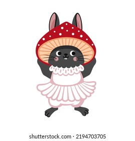 Cute rabbit in fly agaric costume. Black bunny wearing red mushroom hat. Cartoon character, vector flat illustration.
