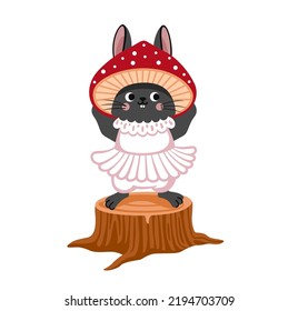 Cute rabbit in fly agaric costume. Black bunny wearing red mushroom hat. Cartoon character, vector flat illustration.