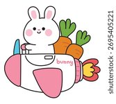 Cute rabbit fly a airplane carry carrots.Rodent animal character cartoon.Bunny easter.Image for baby product,sticker,print screen.Isolated.Kawaii.Vector.Illustration.