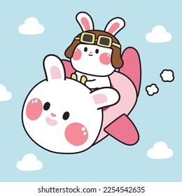 Cute rabbit flying in airplane on white backgorund.Pilot bunny cartoon.Kid gaphic design.Helicopter.Sky transportation.Kawaii.Vector.Illustration.