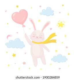 Cute rabbit flying with balloon in the shape of a heart to the sky. Childish character in cartoon style. Can be used for nursery poster, kids party invitation, birthday greeting card, baby shower