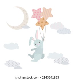A cute rabbit is flying in balloons. Gray bunny among the clouds. Balloons and airship. Children's illustration, Cute print, vector. Isolated on a white background.