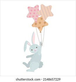cute rabbit is flying in balloons. Gray bunny among the clouds. Balloons and airship. Children's illustration, Cute print, vector. Isolated on a white background.