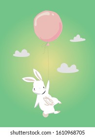 Cute rabbit flying with balloons to the sky. Vector