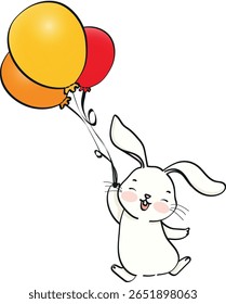 
cute rabbit flying with happy balloons
