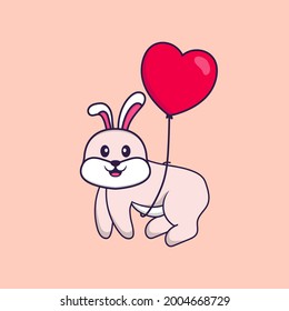 Cute rabbit flying with love shaped balloons. Animal cartoon concept isolated. Can used for t-shirt, greeting card, invitation card or mascot.