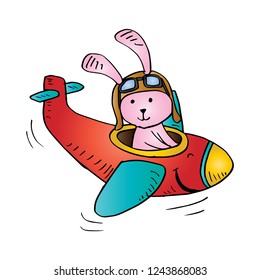 Cute rabbit flying on an airplane.