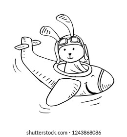 Cute rabbit flying on an airplane.
