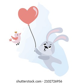 Cute rabbit is flying on a balloon. The ball is shaped like a heart. Baby shower card. Cartoon character for postcard, poster, kids room decoration and clothes.