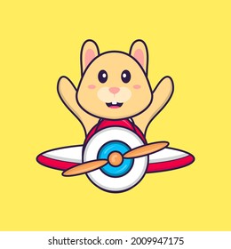 Cute rabbit flying on a plane. Animal cartoon concept isolated. Can used for t-shirt, greeting card, invitation card or mascot.