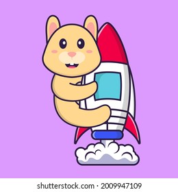 Cute rabbit flying on rocket. Animal cartoon concept isolated. Can used for t-shirt, greeting card, invitation card or mascot.