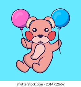 Cute rabbit flying with two balloons.