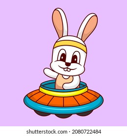 Cute Rabbit flying in UFO Cartoon Vector Icon Illustration. nimal Transportation Icon Concept Isolated Premium Vector. Flat Cartoon Style.