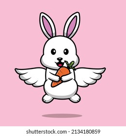 Cute Rabbit Flying With Wing And Holding Carrot Cartoon Vector Icon Illustration. Animal Food Icon Concept Isolated Premium Vector. Flat Cartoon Style