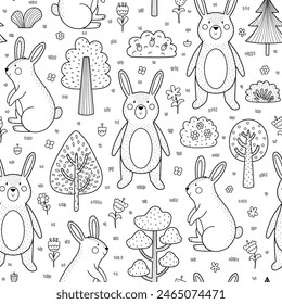 Cute rabbit in the forest black and white seamless pattern. Funny hare woodland character in outline. Forest animal background for kids. Vector illustration