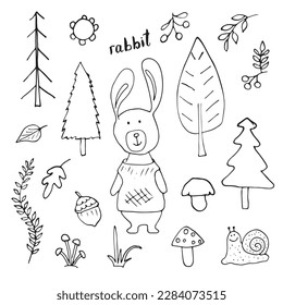 Cute Rabbit in forest. Cartoon Animal in Woodland with trees and plants. Vector illustration.