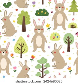 Cute rabbit in the forest seamless pattern. Funny hare woodland character in cartoon style. Forest animal background for kids. Vector illustration