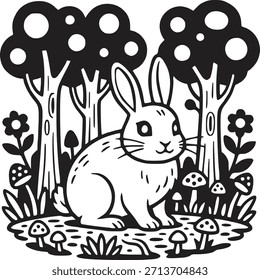 Coelho bonito na silhueta da floresta Ilustração do vetor: Adorável coelho Clipart na cena simples da floresta preta e branca com cogumelos, árvores e flores