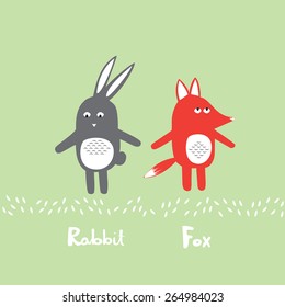 Cute rabbit and fox