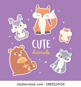 cute rabbit fox bear hamster and raccoon cartoon animals stickers vector illustration