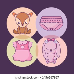 cute rabbit with fox and set icons
